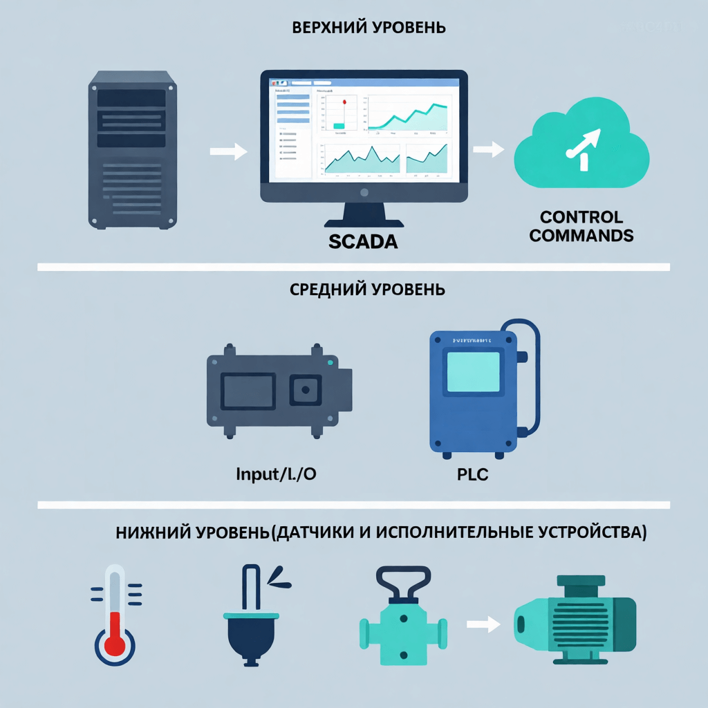 Схема архитектуры АСУ ТП: три уровня управления
