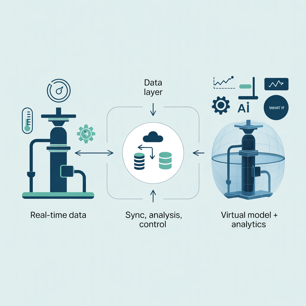 Схема архитектуры цифрового двойника: физический объект, данные, виртуальная модель