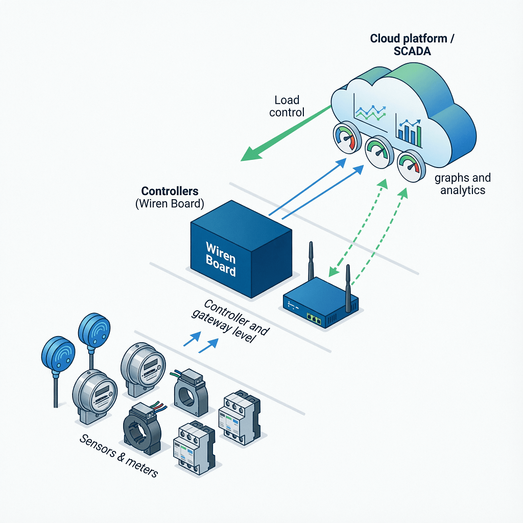 Схема архитектуры EMS: датчики, шлюзы, облако/SCADA, управление нагрузками